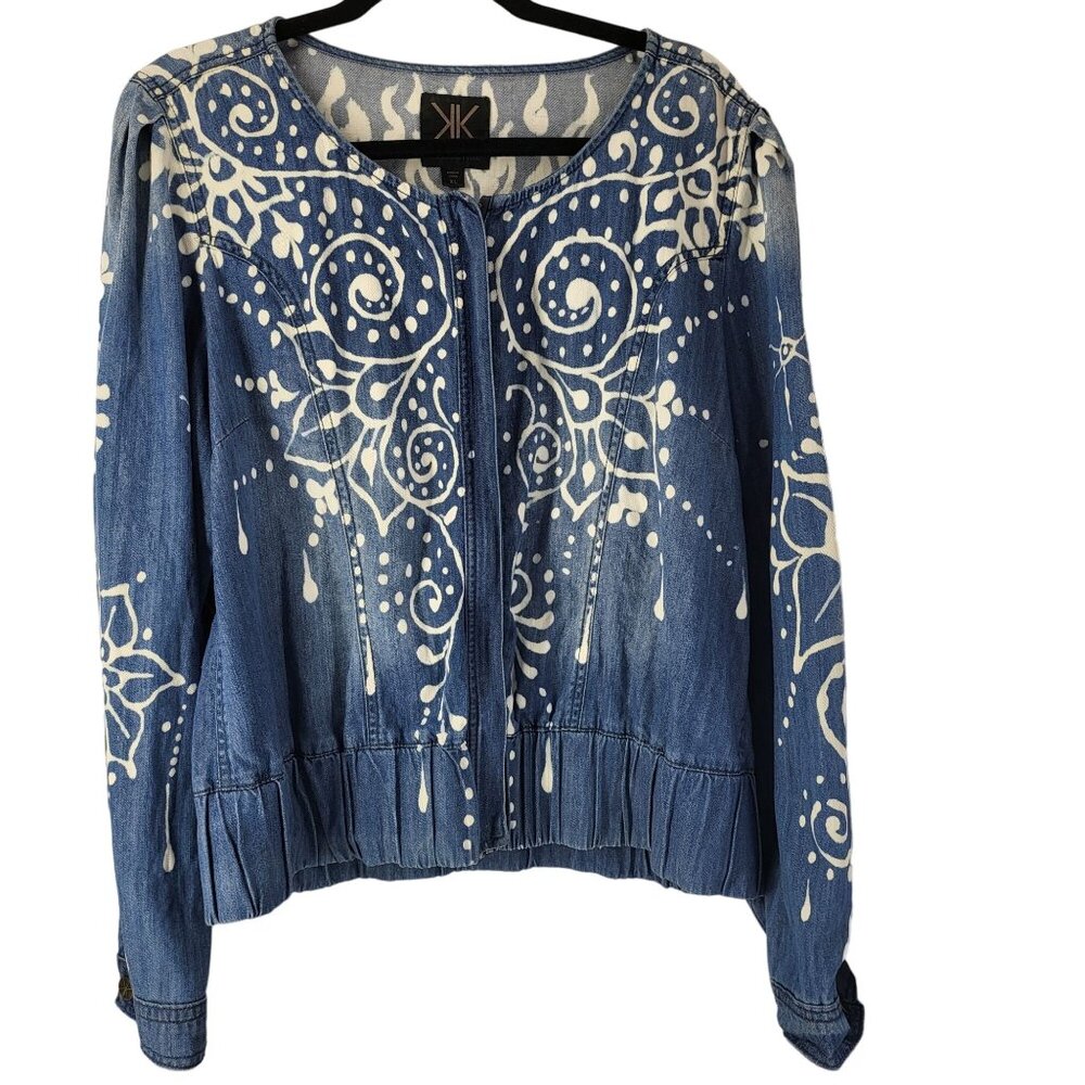 Kardashian Kollection Womens XL Denim Jacket With White Boho Print & Zipper Clos